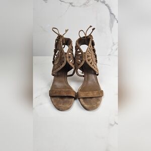 Tory‎ Burch Leyla Taupe Open Toe Suede Cutout Sandals Heels Size 6.5